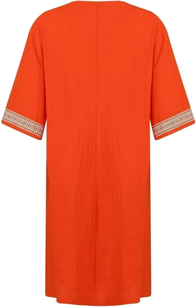 Women Short Sleeve Linen Cotton Shift Dress Ladies Lace V Neck Shirt Midi Knee Length Dress Summer