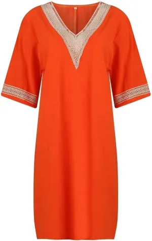 Women Short Sleeve Linen Cotton Shift Dress Ladies Lace V Neck Shirt Midi Knee Length Dress Summer