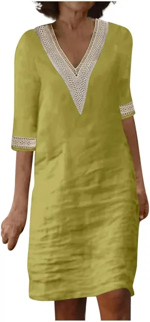 Women Short Sleeve Linen Cotton Shift Dress Ladies Lace V Neck Shirt Midi Knee Length Dress Summer