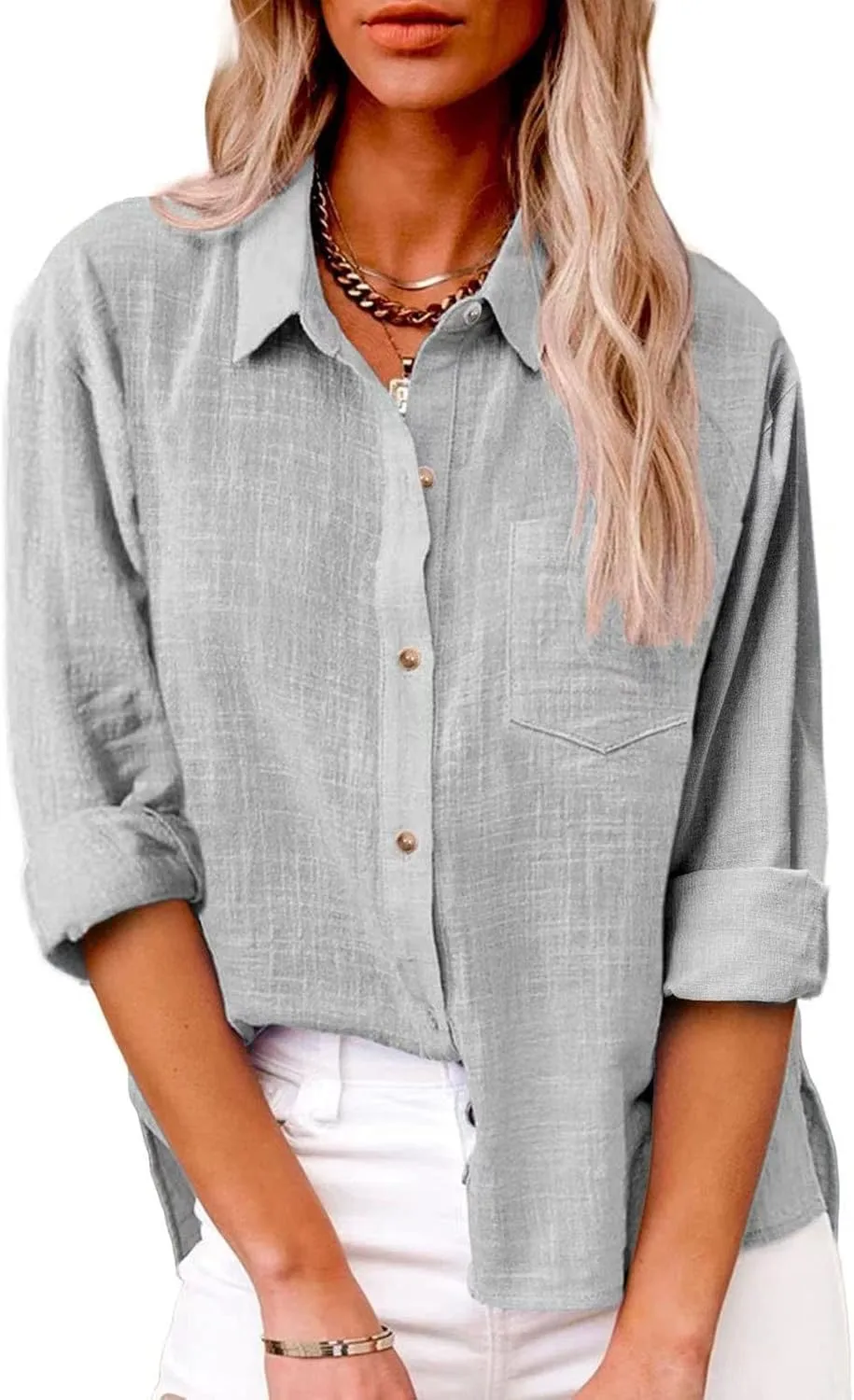 Womens Long Sleeve Shirt Casual Work Office Blouse Top Cotton Linen Button Up Shirts Spring Summer Blouses
