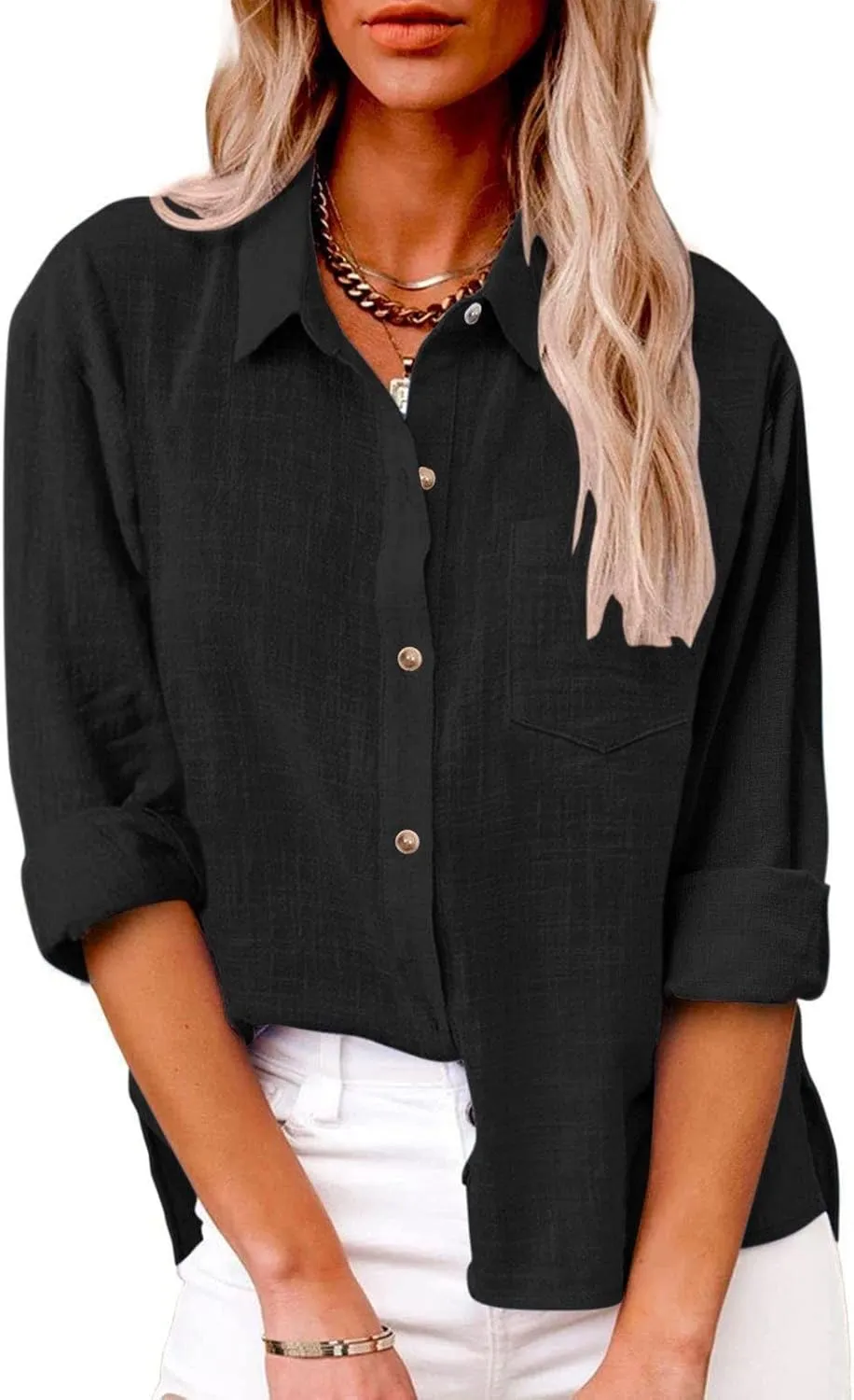 Womens Long Sleeve Shirt Casual Work Office Blouse Top Cotton Linen Button Up Shirts Spring Summer Blouses