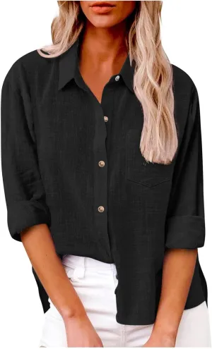 Womens Long Sleeve Shirt Casual Work Office Blouse Top Cotton Linen Button Up Shirts Spring Summer Blouses