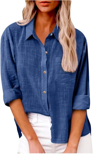 Womens Long Sleeve Shirt Casual Work Office Blouse Top Cotton Linen Button Up Shirts Spring Summer Blouses
