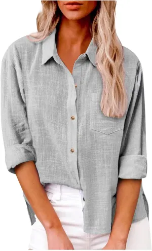 Womens Long Sleeve Shirt Casual Work Office Blouse Top Cotton Linen Button Up Shirts Spring Summer Blouses