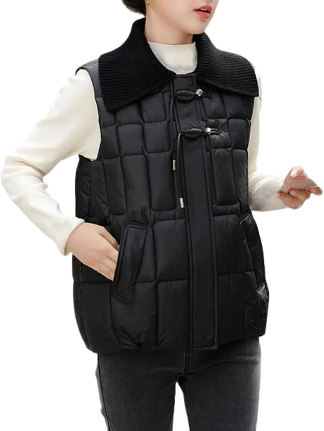 Womens Quilted Vest Lightweight Down Vests Stand Collar Padded Outwear Pockets Trendy Fashion Sleeveless Puffer Jackets