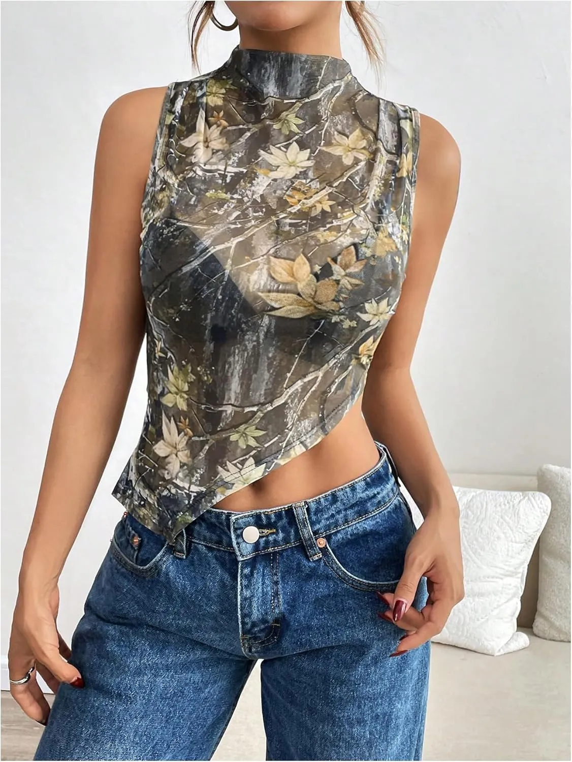 Women's Sheer Mesh Mock Neck Tank Tops Sleeveless Asymmetrical Hem Crop Tops Clubwear