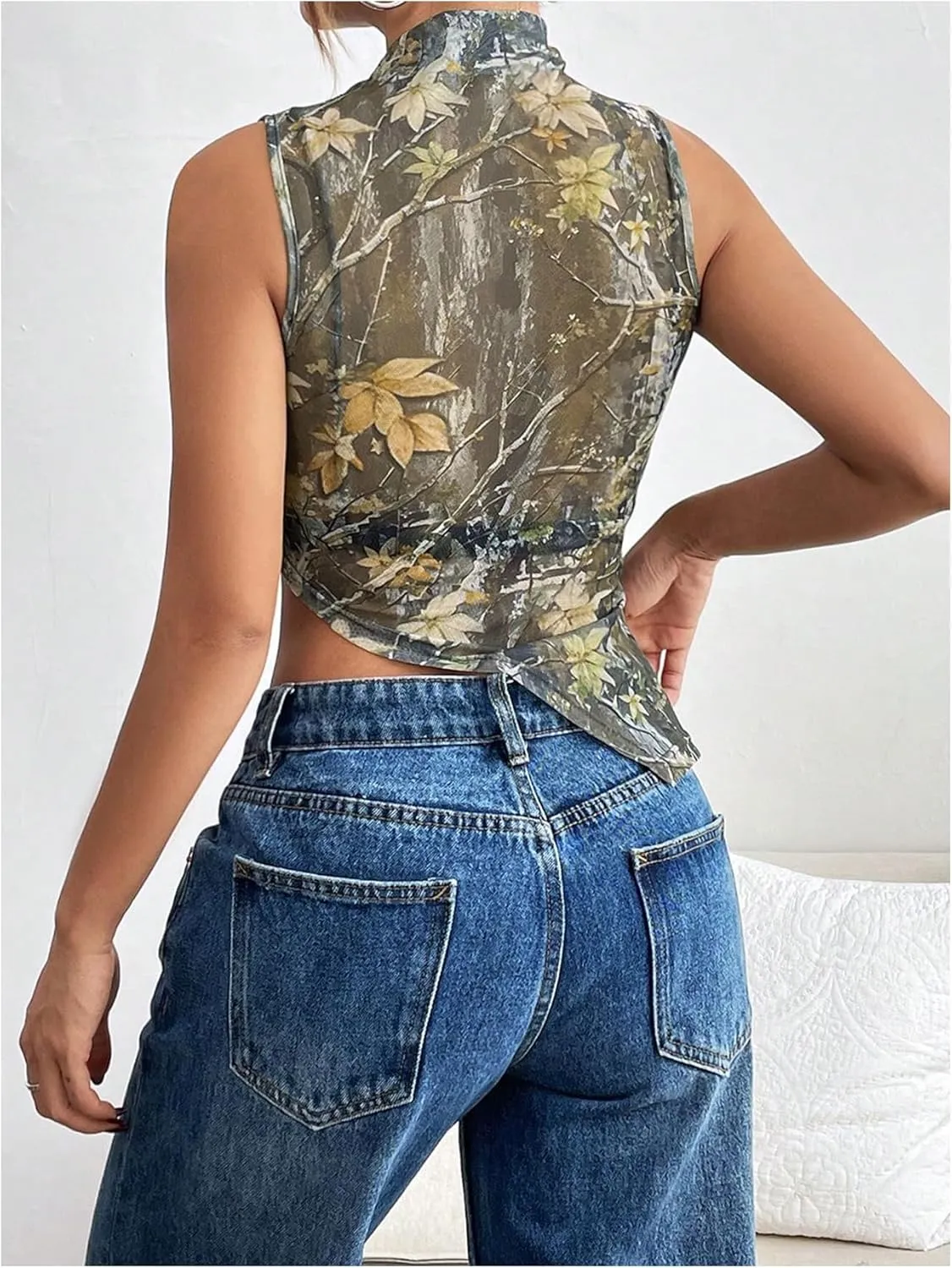 Women's Sheer Mesh Mock Neck Tank Tops Sleeveless Asymmetrical Hem Crop Tops Clubwear