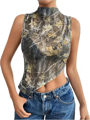 Women's Sheer Mesh Mock Neck Tank Tops Sleeveless Asymmetrical Hem Crop Tops Clubwear