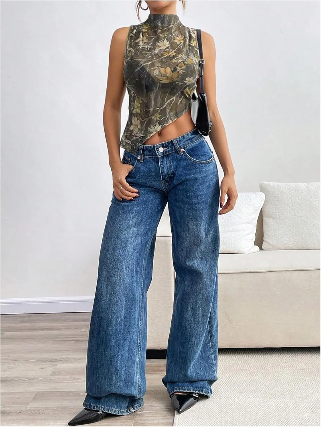 Women's Sheer Mesh Mock Neck Tank Tops Sleeveless Asymmetrical Hem Crop Tops Clubwear