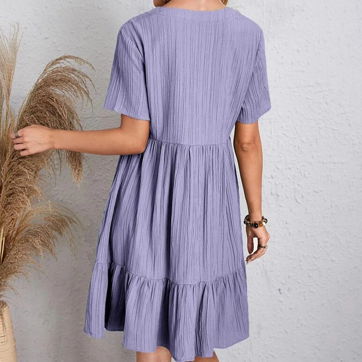 Women's Summer Dresses Casual Midi Swing Short Sleeve V Neck Tiered A Line Flowy Beach Dress Sundress 2025