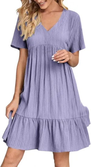 Women's Summer Dresses Casual Midi Swing Short Sleeve V Neck Tiered A Line Flowy Beach Dress Sundress 2025