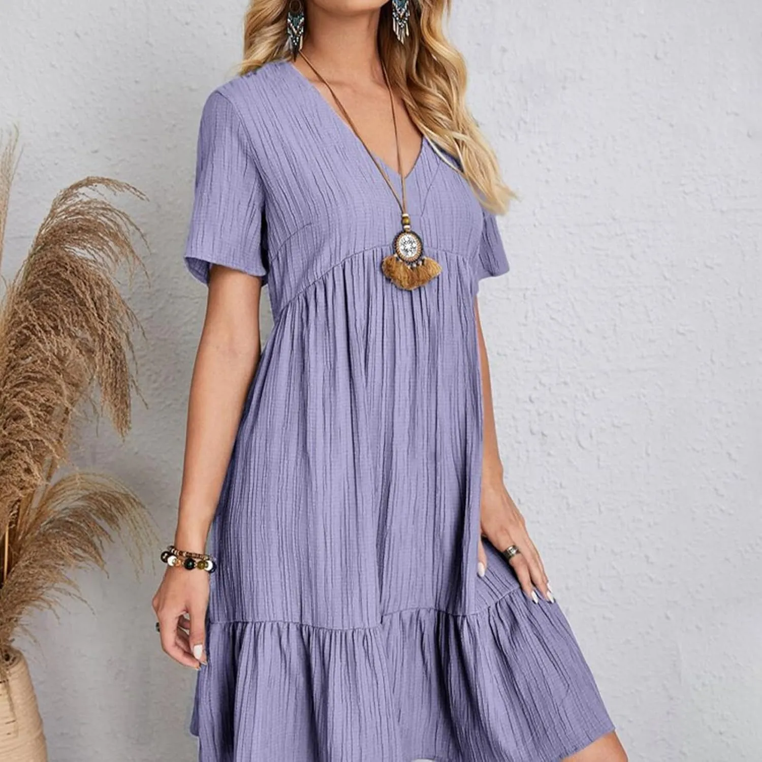Women's Summer Dresses Casual Midi Swing Short Sleeve V Neck Tiered A Line Flowy Beach Dress Sundress 2025