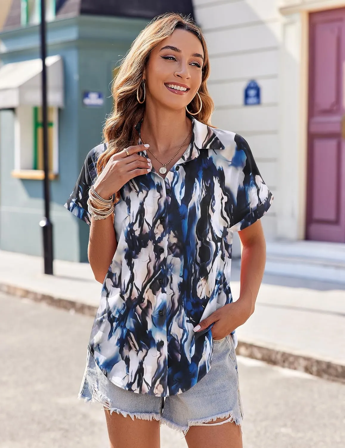 Zeagoo Women's Hawaiian Button Down Shirts Casual Short Sleeve Floral Tropical Print Summer Blouse Tunic Top